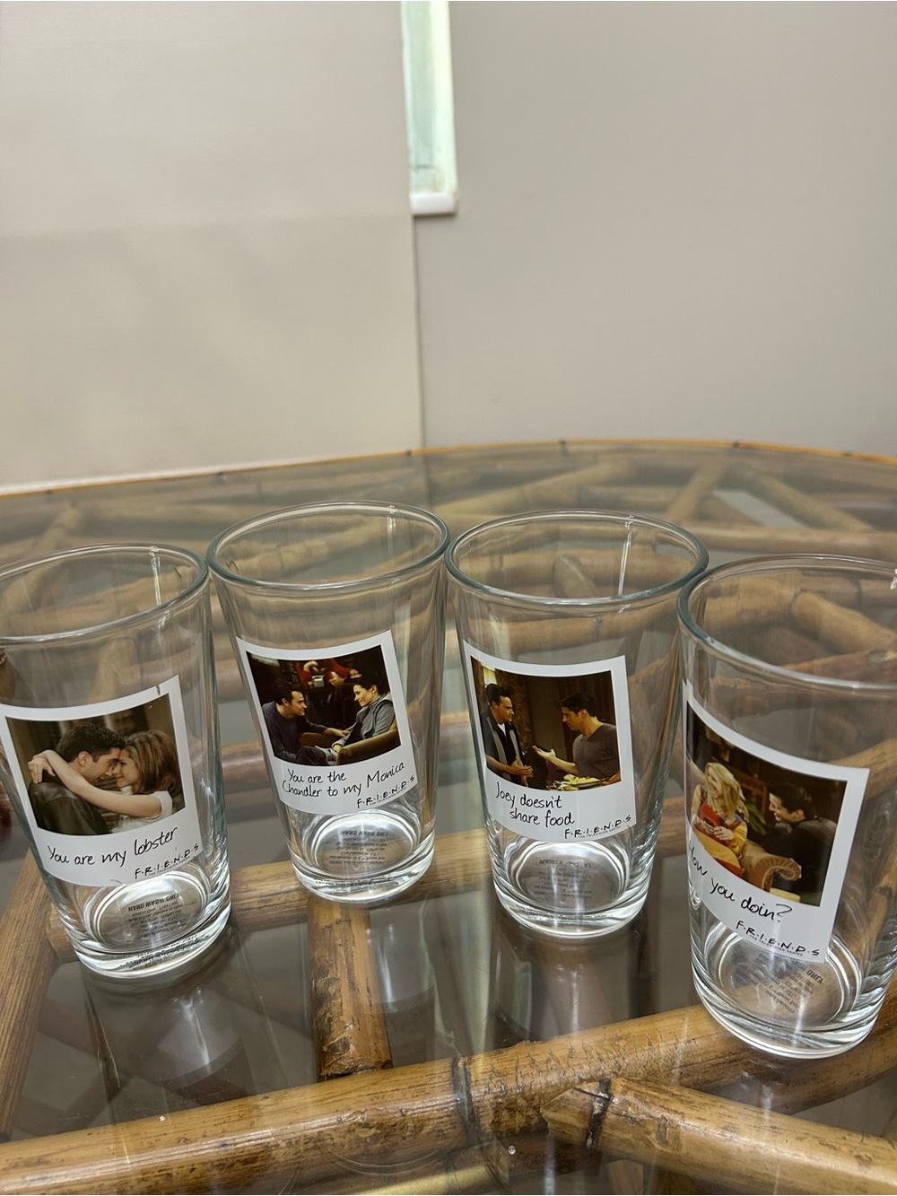 Friends TV Show Drinking Glasses. Set of 4 each with a different scene & caption